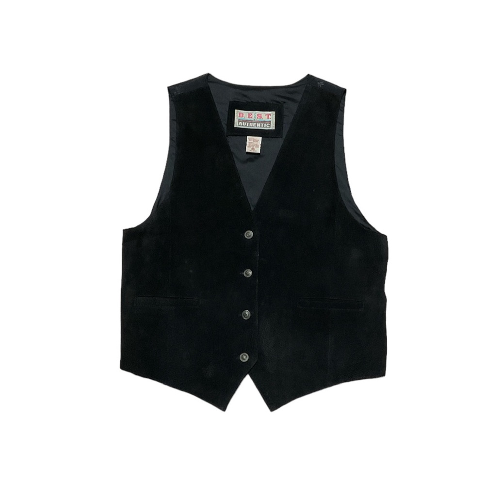 Vintage Best Authentic Suede Vest M Black Button Up 90’s Unisex Floral Back